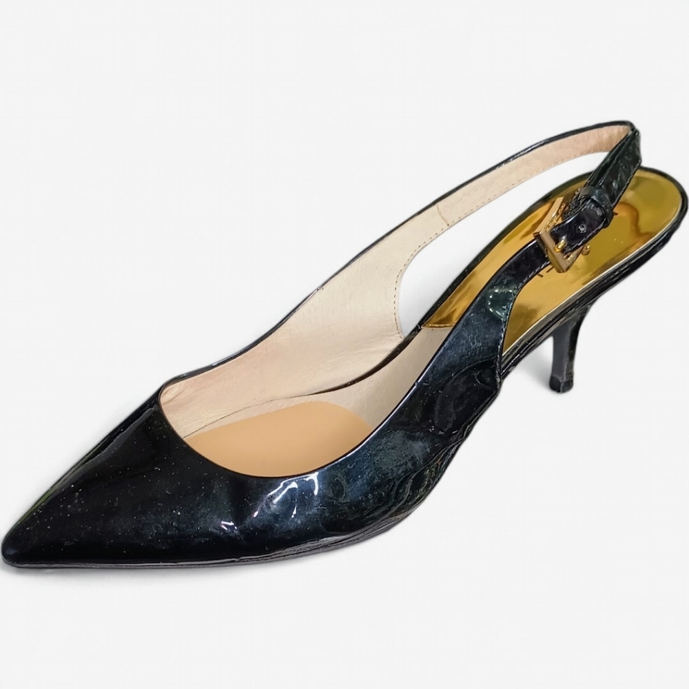 Michael Kors | Kelsey Kitten Slingback | Blk Patent Leather Gold Hardware | Sz 9 - Picture 4 of 14